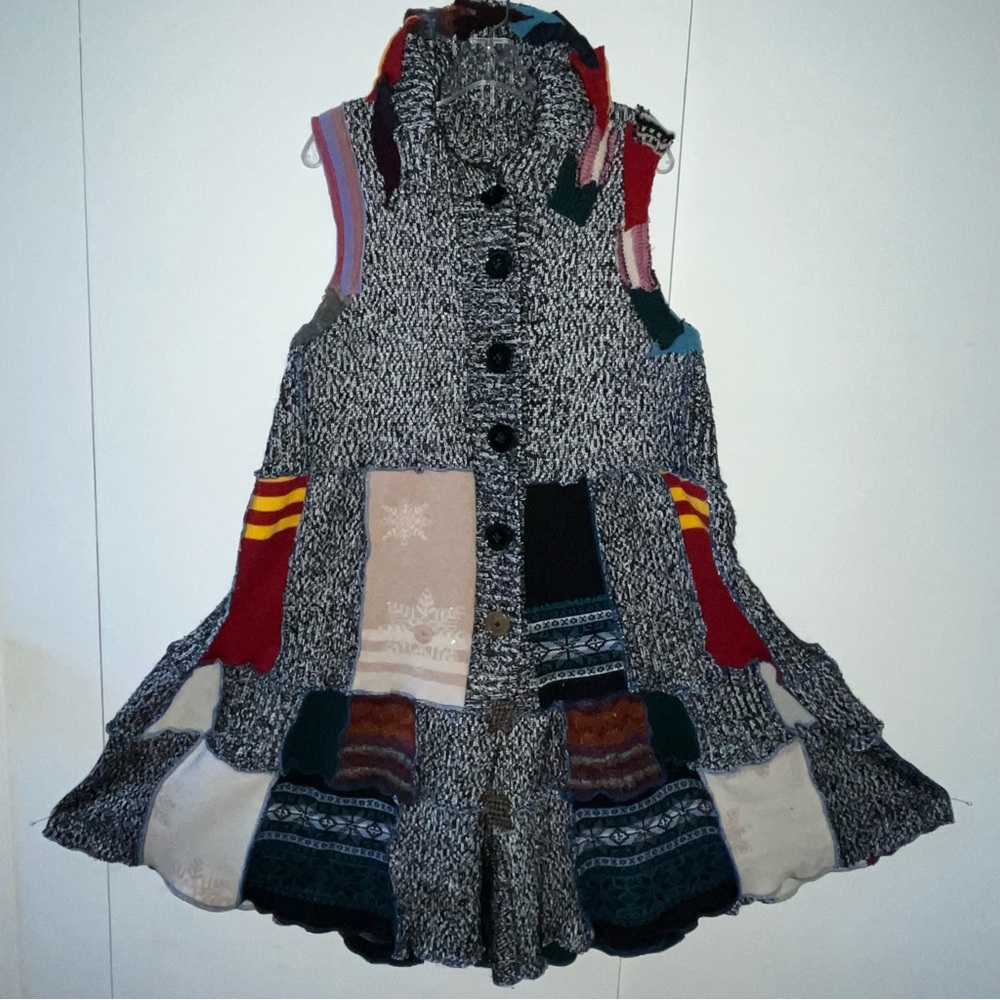 Upcycled Sweater Vest Long Cardi Boho Hippie Tiered Pixie Patchwork Cottage Core - Picture 8 of 14